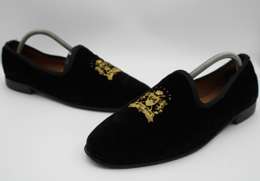 Size 10 - Del Toro Black Velvet Slipper II Crown Loafers Gold Embroidered